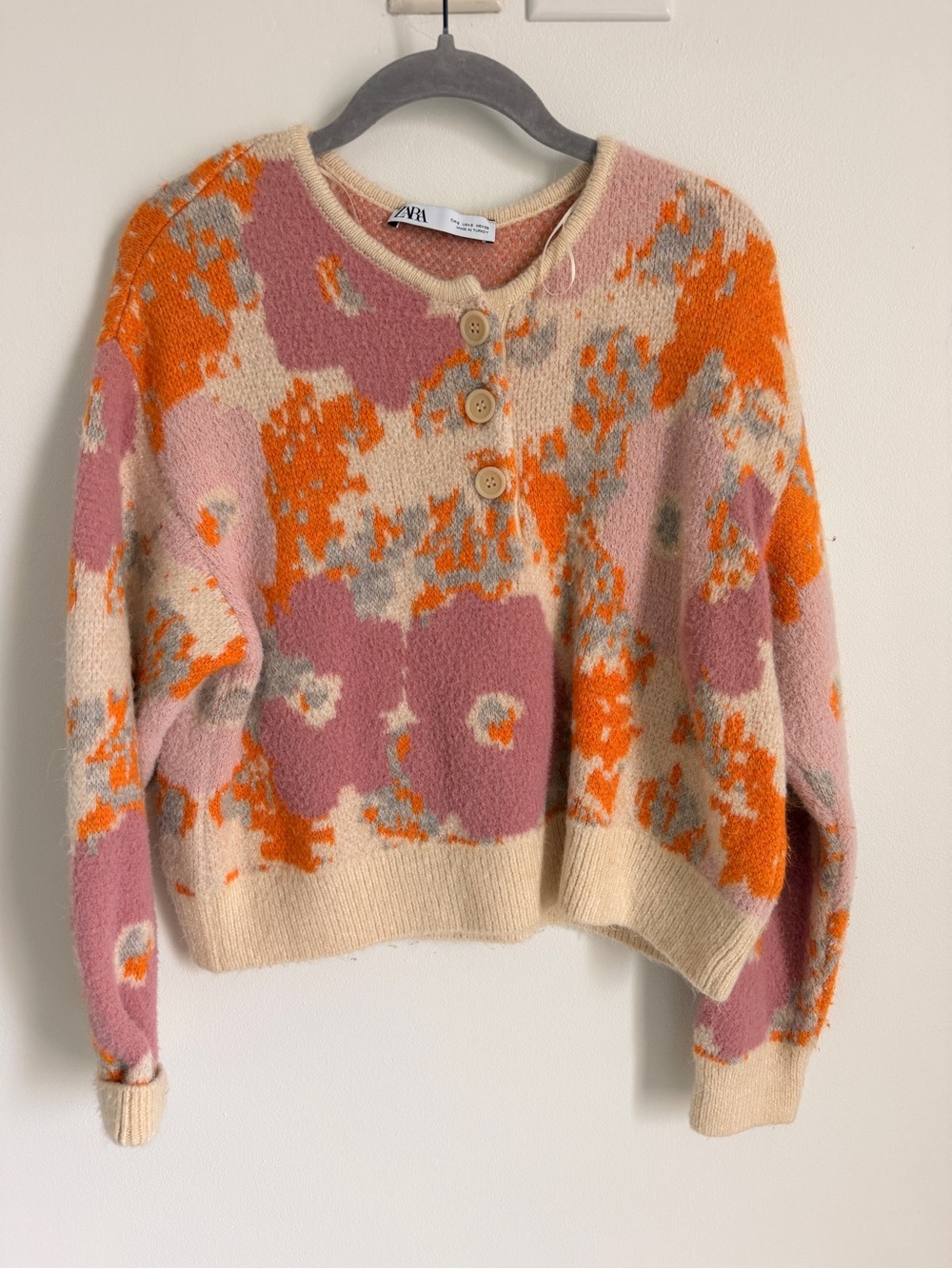 Zara Cream, Pink & Orange Abstract-Print Button Cardigan